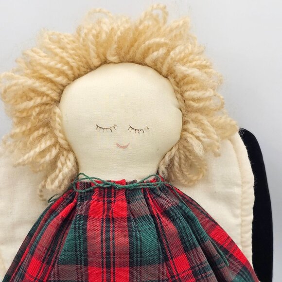 Vintage Handmade Angel Cloth Doll With Green Red Plaid Dress Lace Trim Christmas - Picture 2 of 9